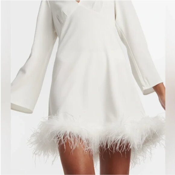 RIXO Womens Bridal Toni Feathered Mini Dress 14 White V-Neck Wedding Par… - Picture 3 of 16